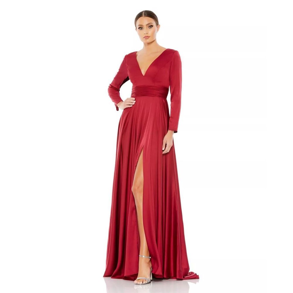 IEENA for Mac Duggal Long Sleeve Ruched Waist satin V-neck - Picture 3 of 11